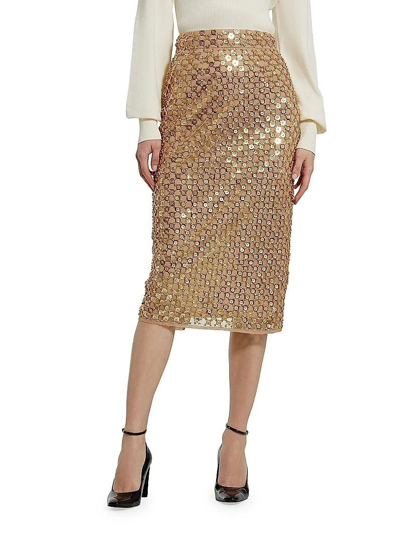 Embellished Mesh Pencil Skirt