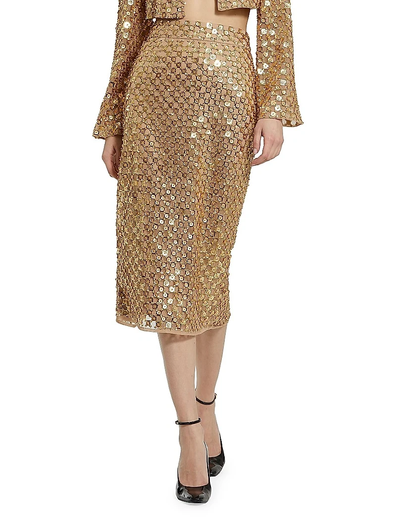 Embellished Mesh Pencil Skirt