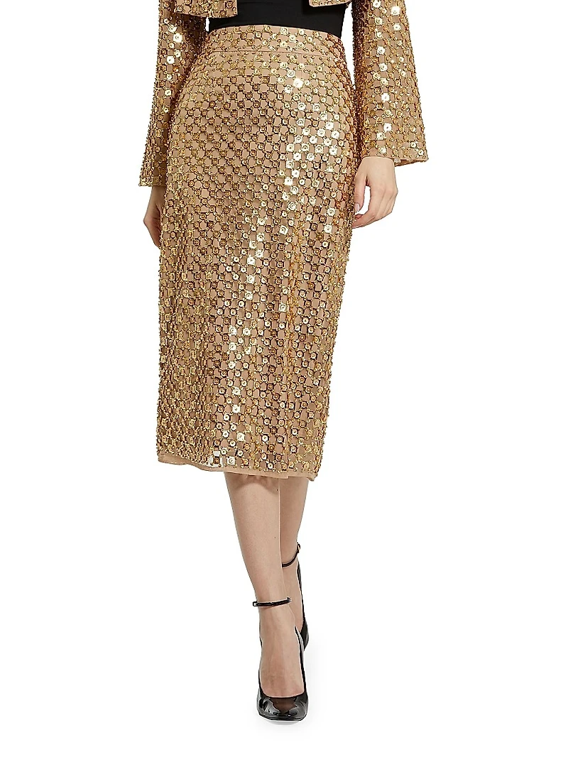 Embellished Mesh Pencil Skirt