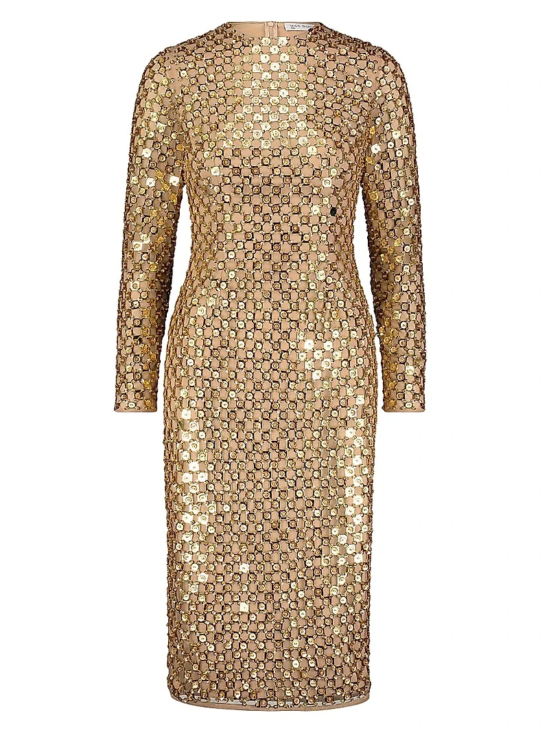 Embellished Mesh Sheath Midi-Dress