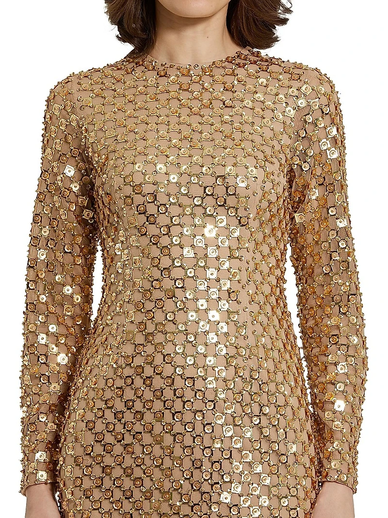 Embellished Mesh Sheath Midi-Dress