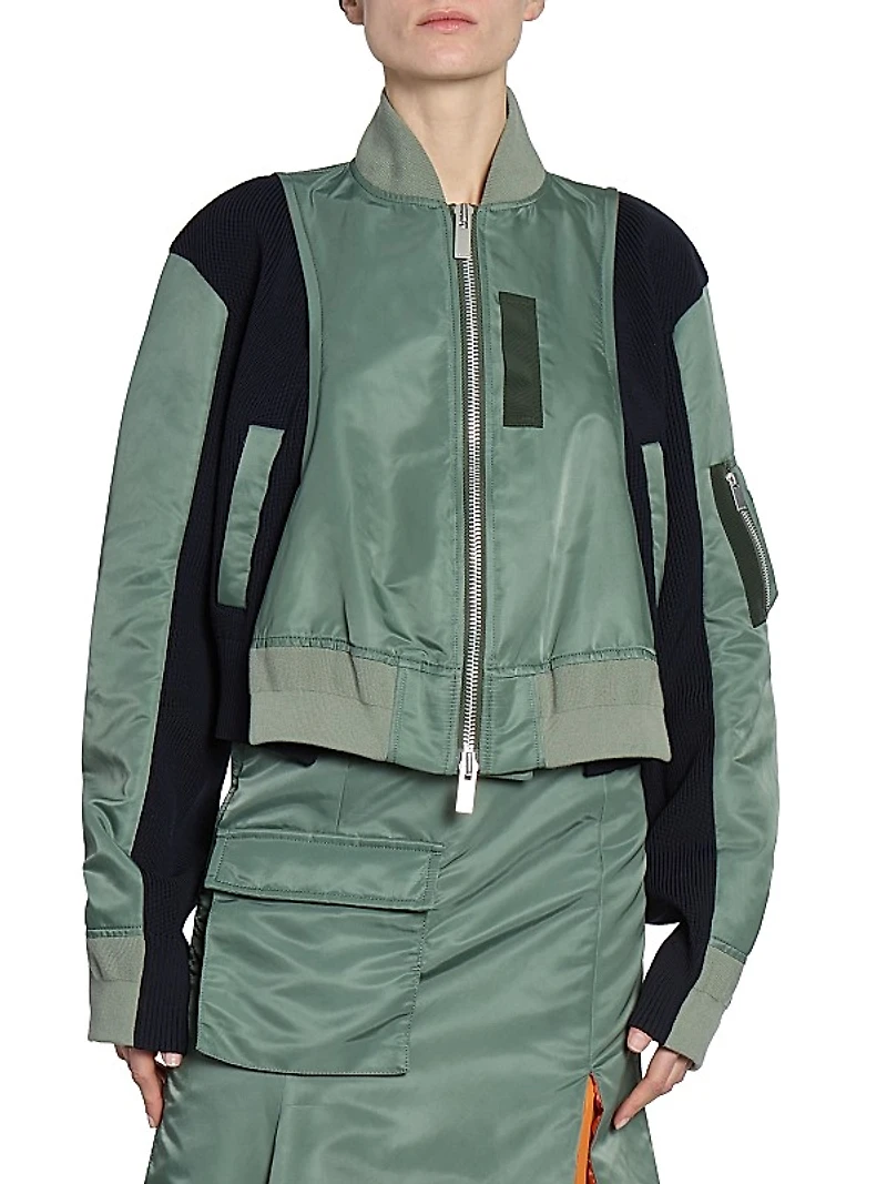 Nylon Twill & Knit Bomber Jacket