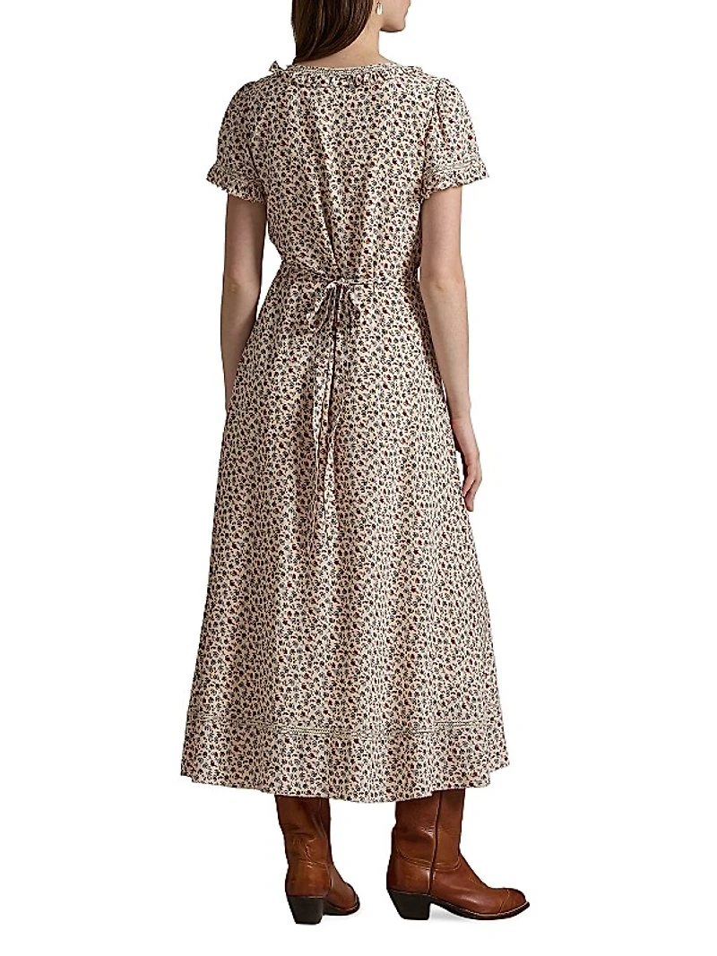 Floral Ruffle-Trim Midi-Dress