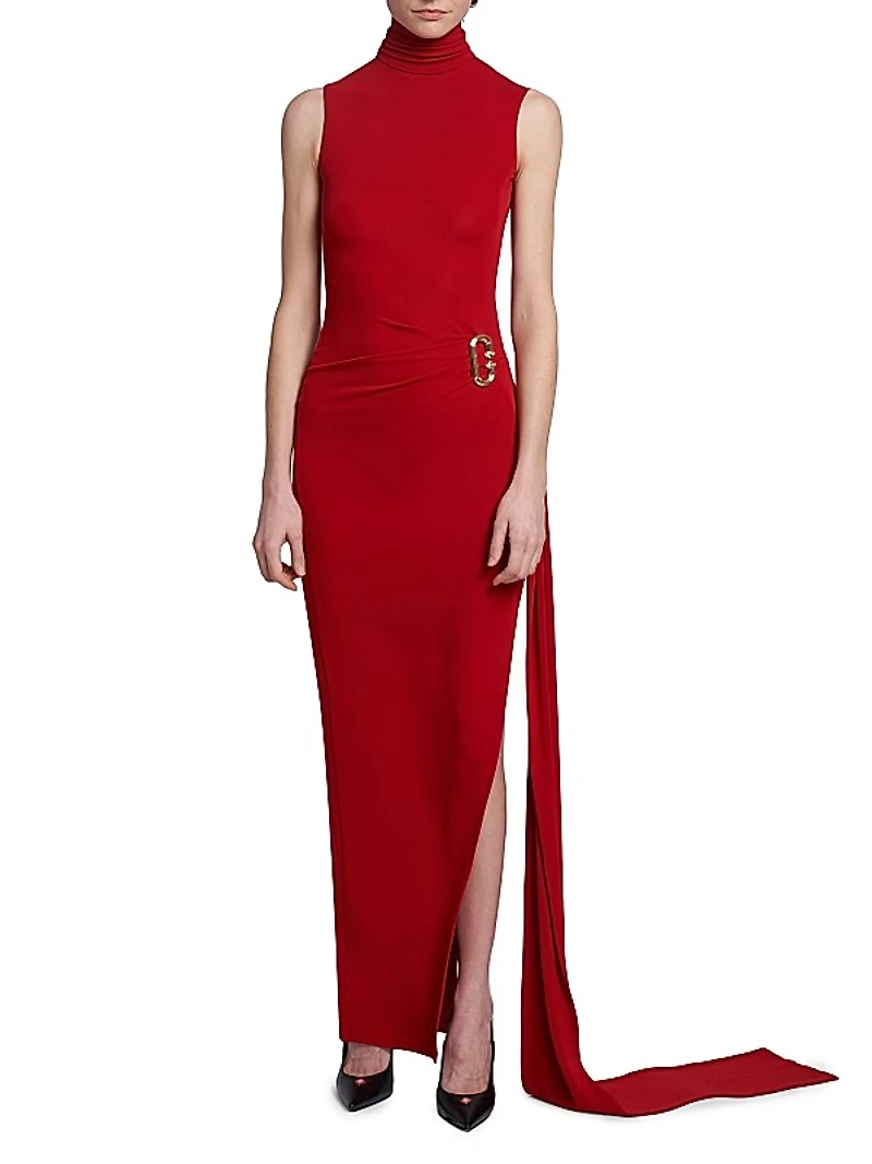Turtleneck Buckle Draped Column Dress