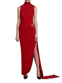 Turtleneck Buckle Draped Column Dress