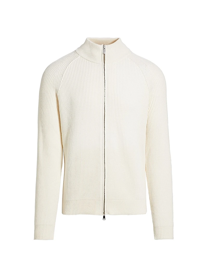 Cotton-Blend Rib-Knit Zip-Front Sweater