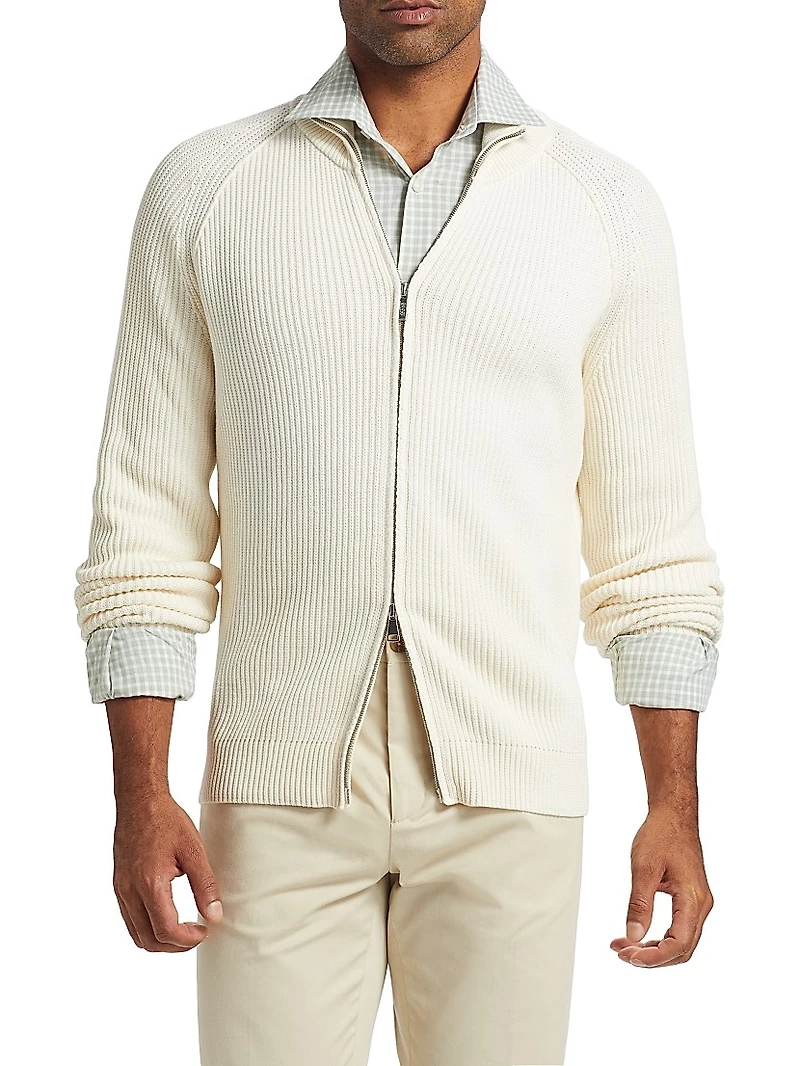 Cotton-Blend Rib-Knit Zip-Front Sweater