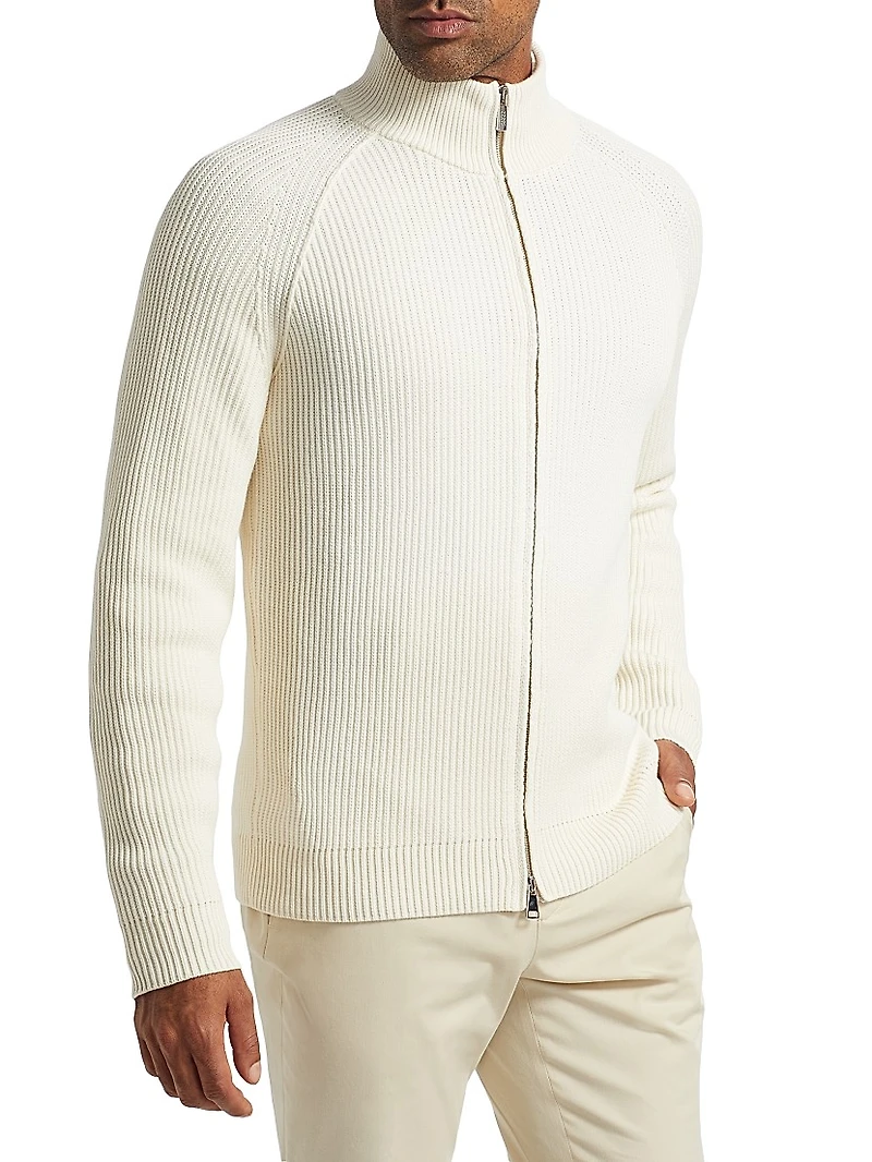 Cotton-Blend Rib-Knit Zip-Front Sweater