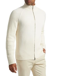 Cotton-Blend Rib-Knit Zip-Front Sweater