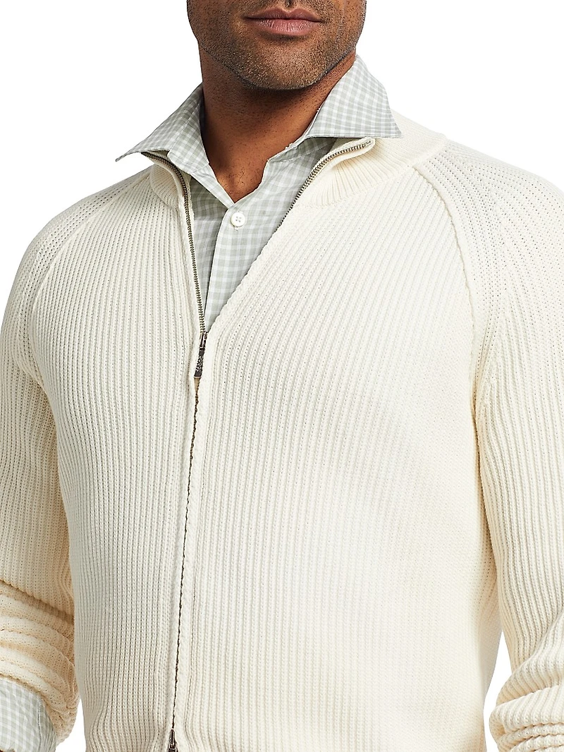 Cotton-Blend Rib-Knit Zip-Front Sweater