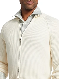 Cotton-Blend Rib-Knit Zip-Front Sweater