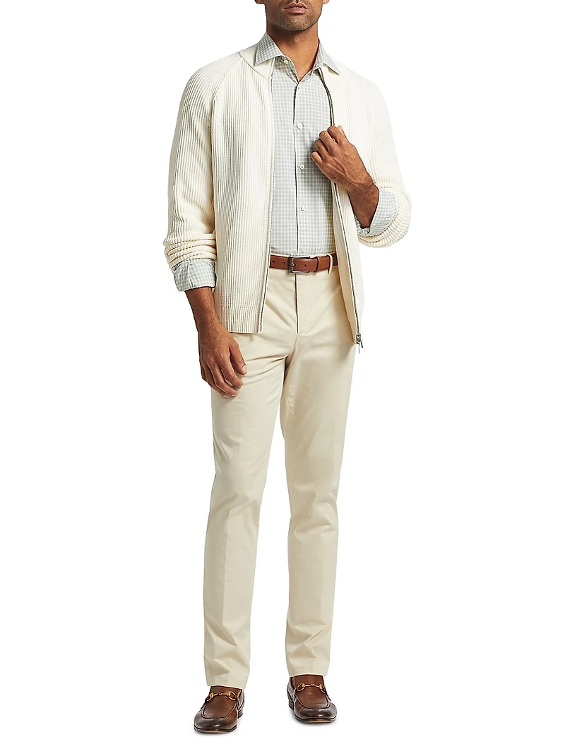 Cotton-Blend Rib-Knit Zip-Front Sweater