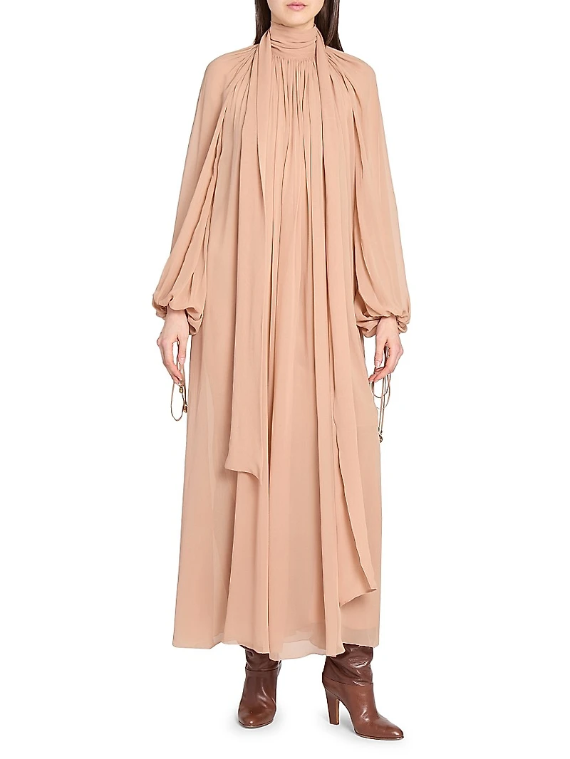 Draped Silk Blouson-Sleeve Maxi Dress