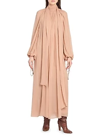 Draped Silk Blouson-Sleeve Maxi Dress