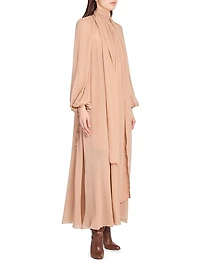 Draped Silk Blouson-Sleeve Maxi Dress