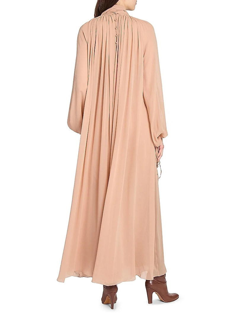 Draped Silk Blouson-Sleeve Maxi Dress
