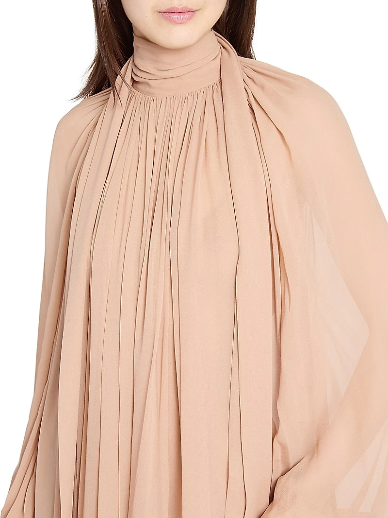 Draped Silk Blouson-Sleeve Maxi Dress
