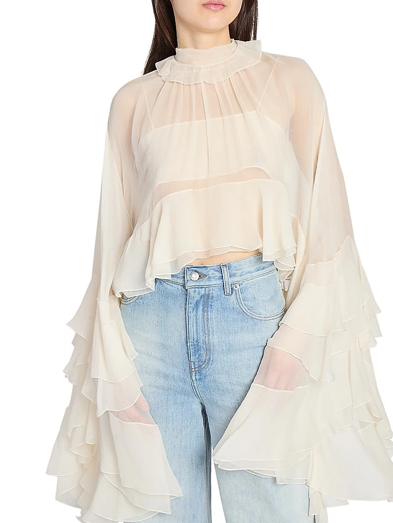 Draped-Sleeve Silk Top