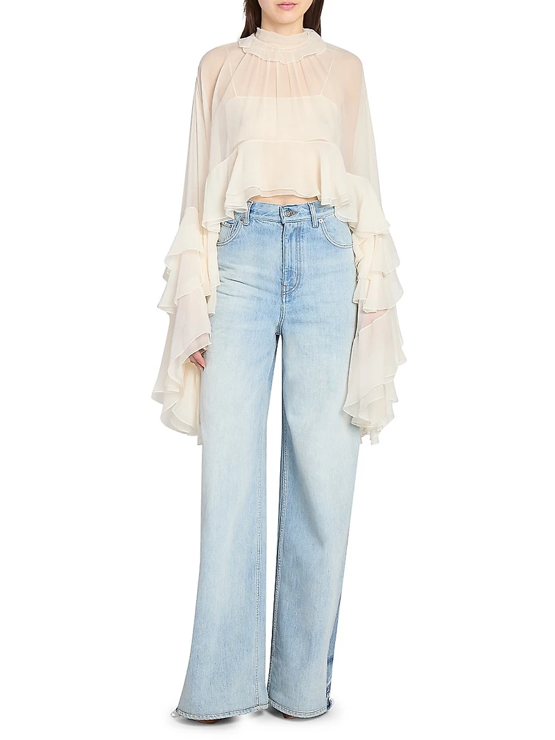 Draped-Sleeve Silk Top