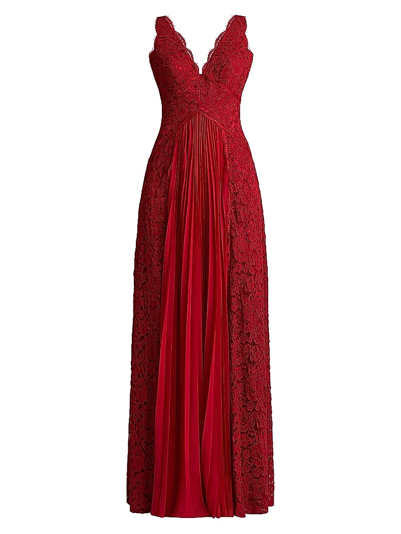 Lace Pleated Overlay A-Line Gown