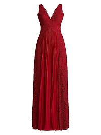 Lace Pleated Overlay A-Line Gown