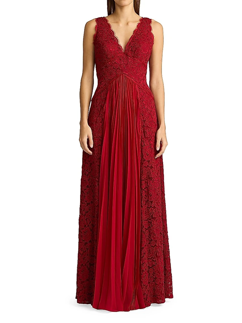 Lace Pleated Overlay A-Line Gown