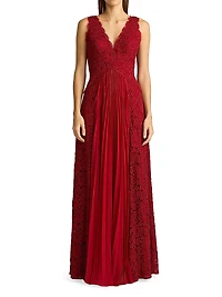 Lace Pleated Overlay A-Line Gown