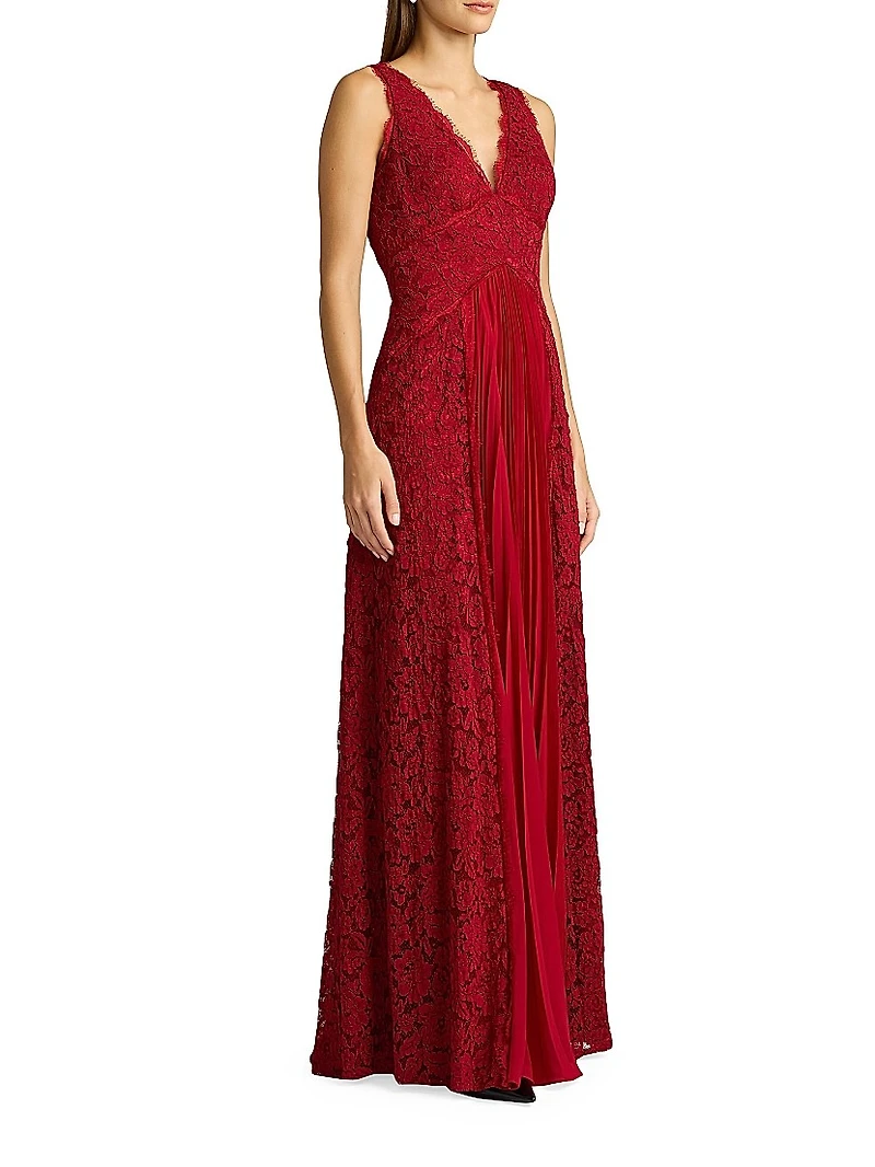 Lace Pleated Overlay A-Line Gown