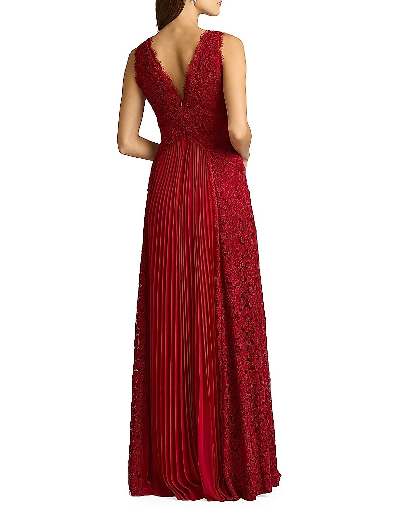 Lace Pleated Overlay A-Line Gown