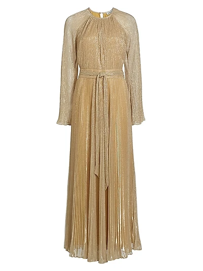 Metallic Belted Pleated Gown