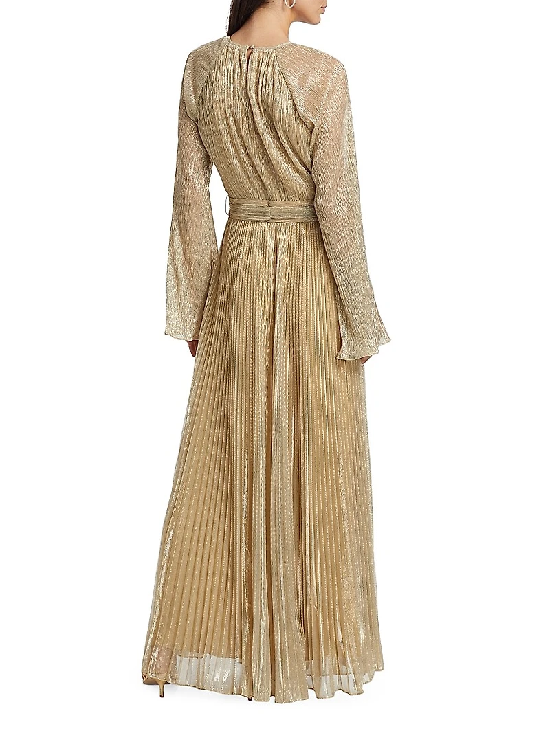 Metallic Belted Pleated Gown