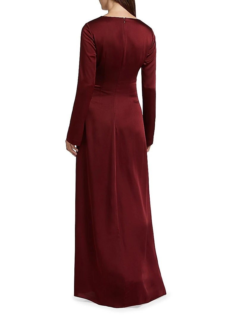 Qiana Satin Long-Sleeve Draped Gown