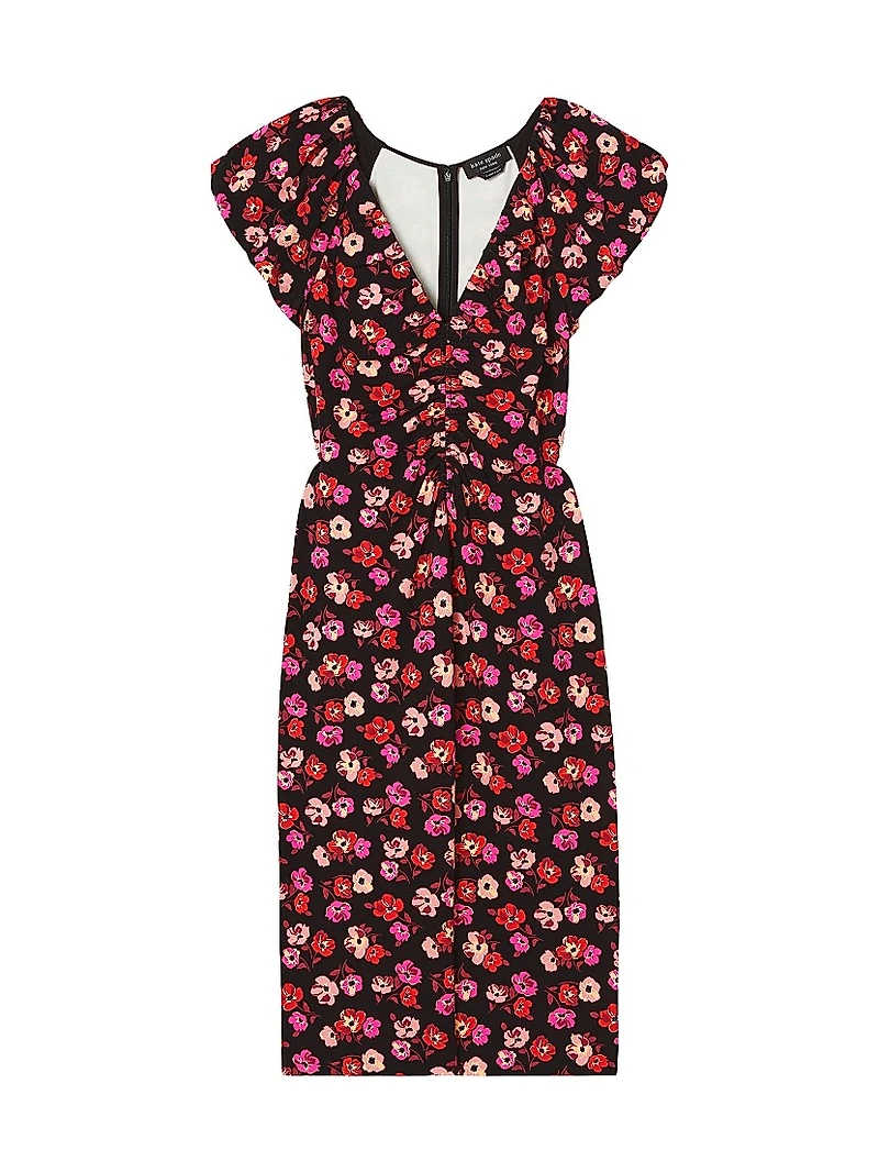 Mainline Fall Poppies Ruched V-Neck Midi-Dress