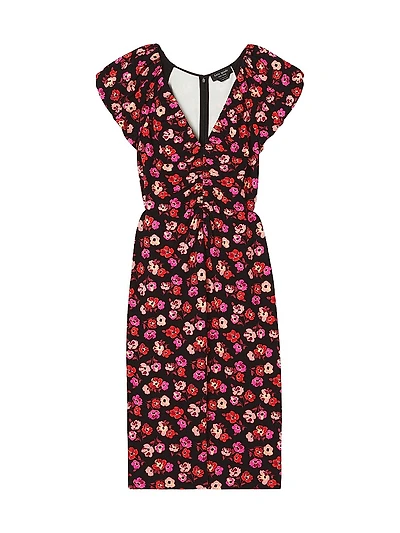 Mainline Fall Poppies Ruched V-Neck Midi-Dress