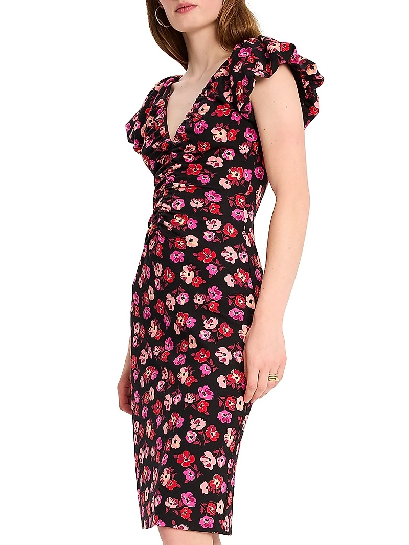 Mainline Fall Poppies Ruched V-Neck Midi-Dress
