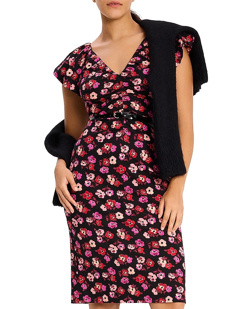 Mainline Fall Poppies Ruched V-Neck Midi-Dress