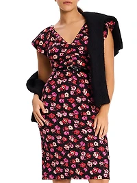 Mainline Fall Poppies Ruched V-Neck Midi-Dress