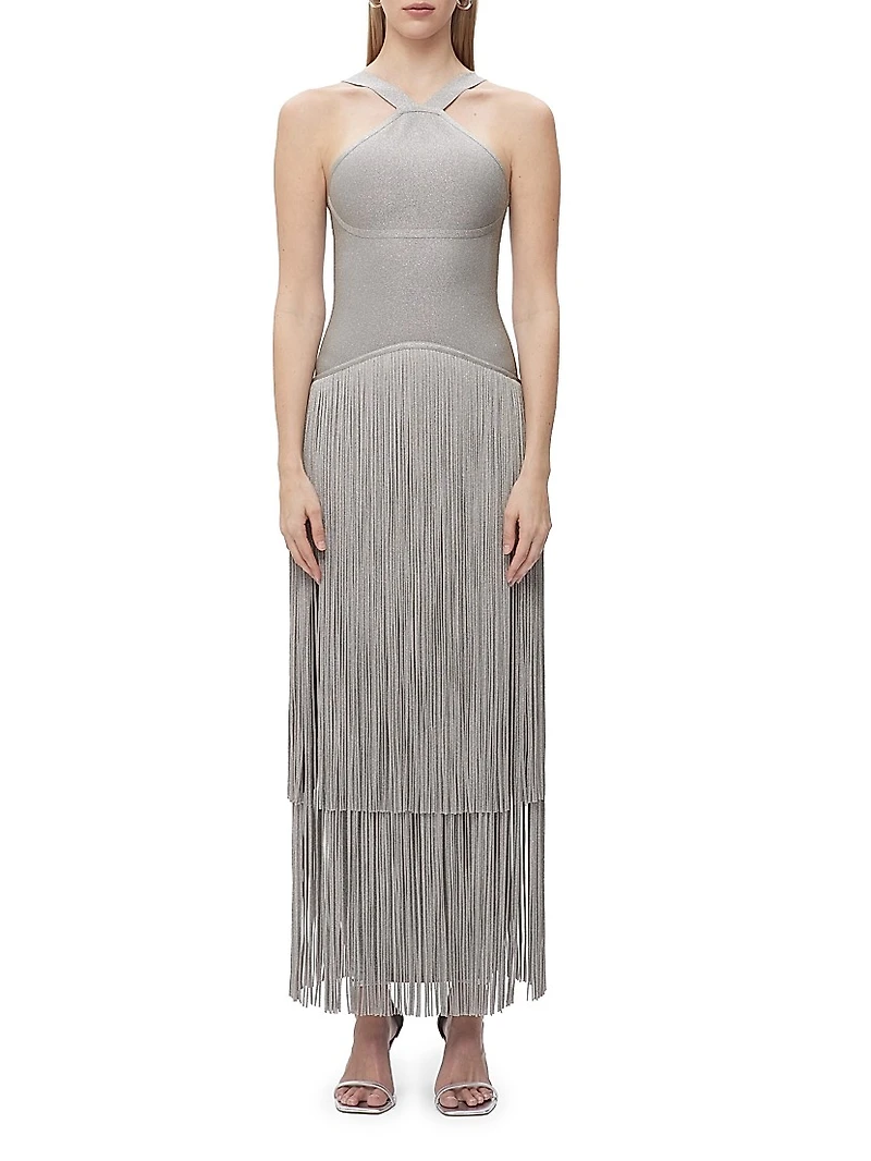 Metallic Kennedy Fringe Halter Gown