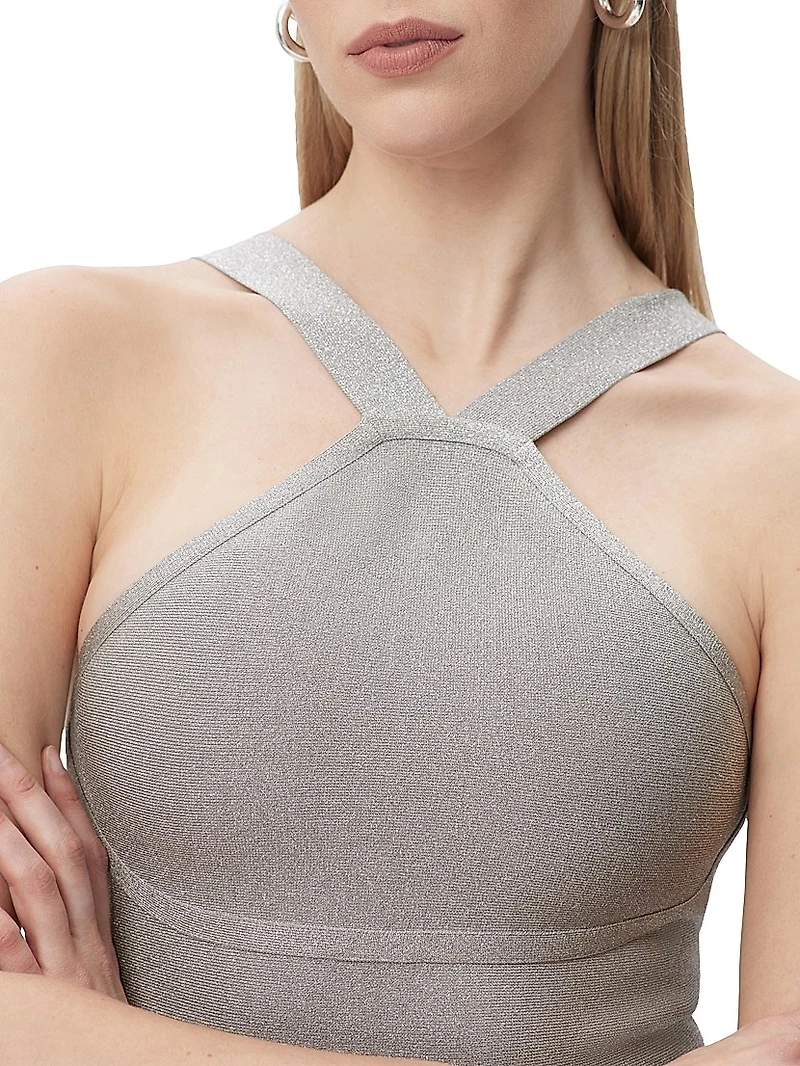 Metallic Kennedy Fringe Halter Gown