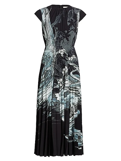 Pleated Cap-Sleeve Maxi Dress