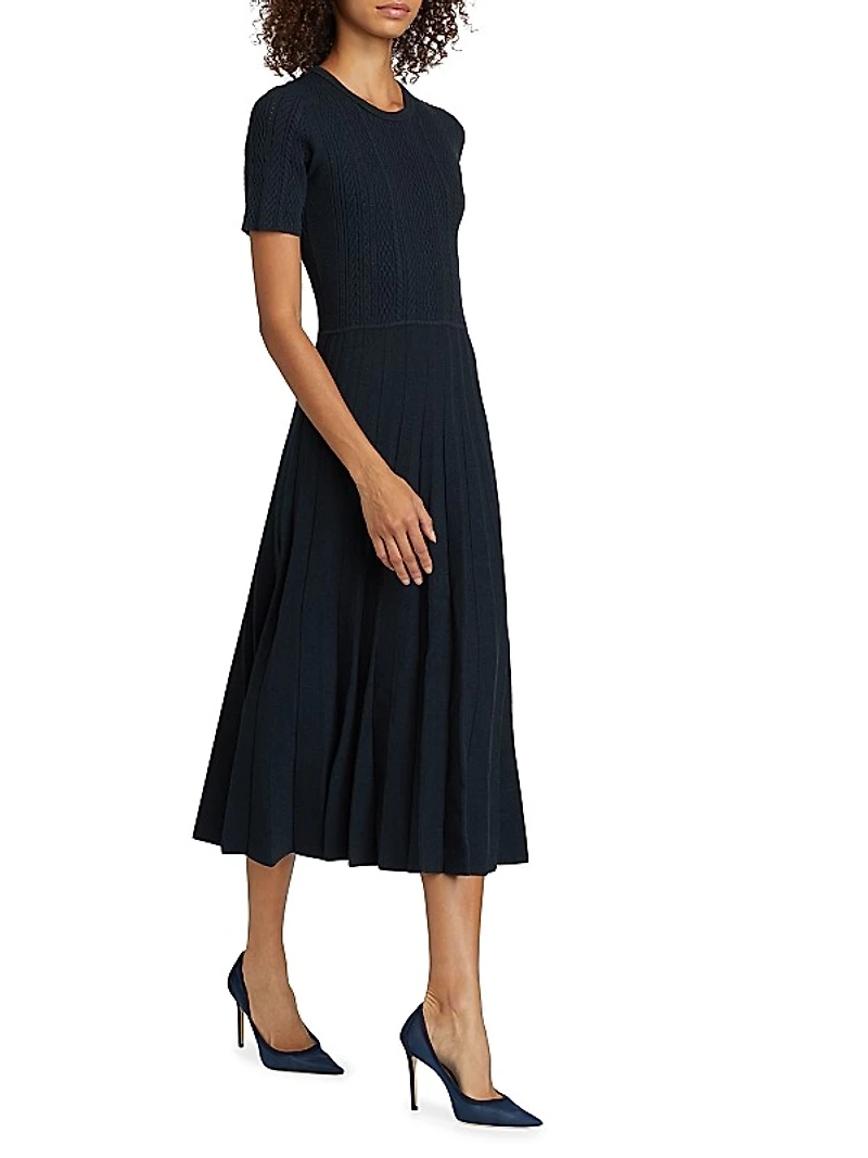 Cable-Knit Pleated Midi-Dress
