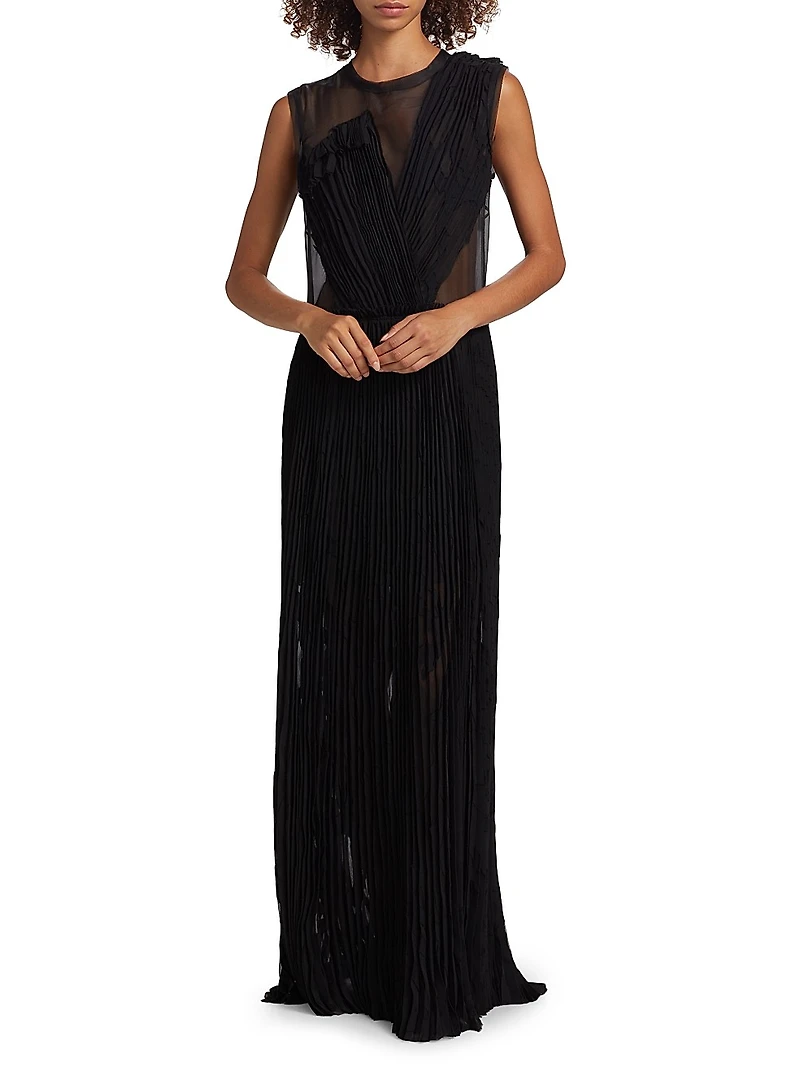 Appliqué Pleated Sleeveless Maxi Dress