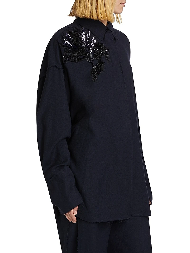 Embellished Wool Button-Up Shirt