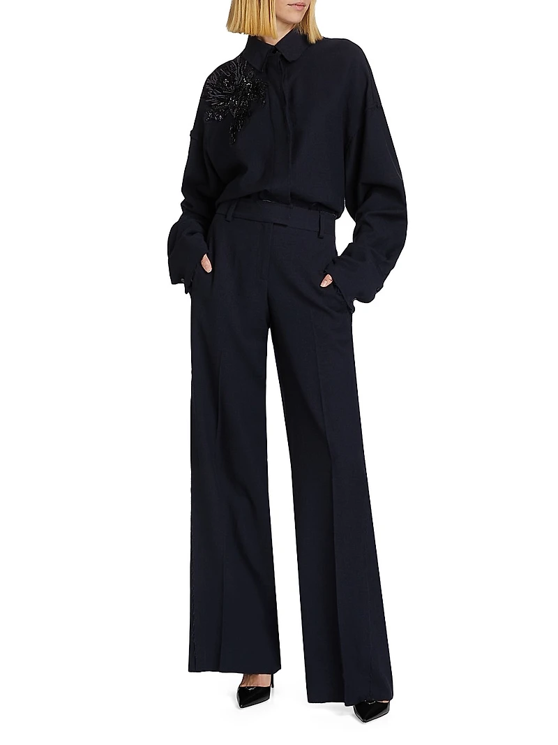 Embellished Wool Button-Up Shirt