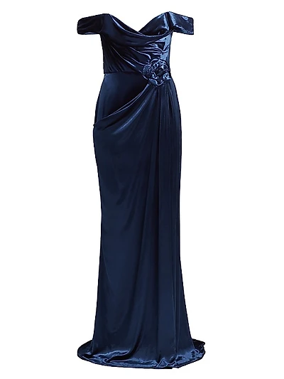 Velvet Off-the-Shoulder Draped Gown