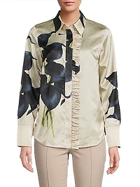 Frilled Floral Button-Front Blouse