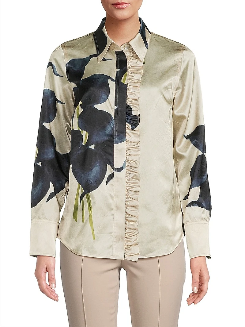 Frilled Floral Button-Front Blouse