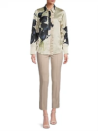 Frilled Floral Button-Front Blouse
