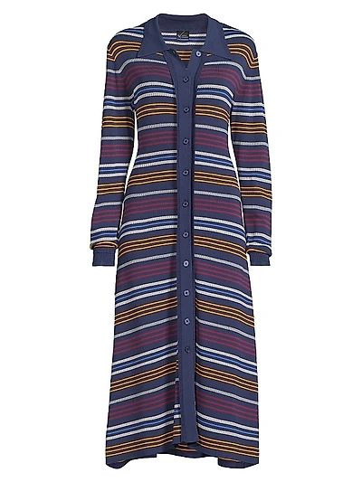 Striped Pointelle-Knit Midi-Shirtdress