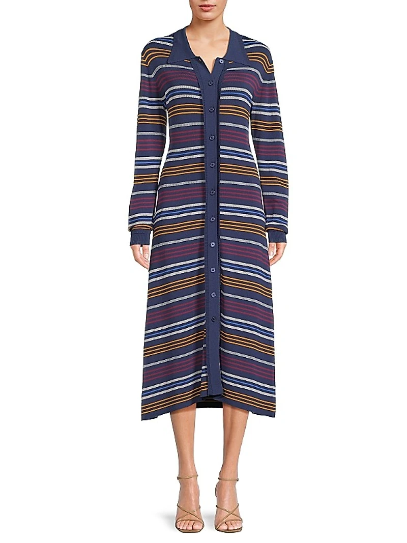 Striped Pointelle-Knit Midi-Shirtdress